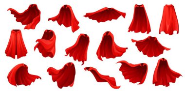 Kırmızı sihirli karnaval mantosu, süper kahraman pelerini ve kahraman pelerini. Karikatür kırmızısı renkli koruyucu kumaş ya da kostüm vektör seti arkasında dalgalanan güç, kahramanlık, gizem, cesaret ve macera.