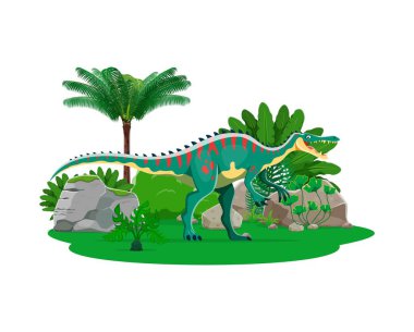 Soyu tükenmiş Suchomimus dinozor çizgi film karakteri. Nesli tükenmiş sürüngen, tarih öncesi hayvan veya paleontoloji kertenkelesi komik izole vektör karakteri. Jurassic dönemi dinozor neşeli kişiliği ya da mutlu maskot