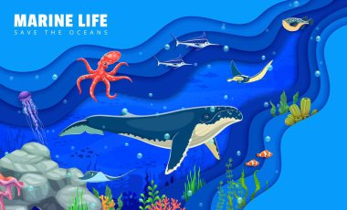 Okyanus kağıdını, deniz hayvanları ve sualtı manzarasıyla kesilmiş pankartı kurtarın. Balina, ahtapot, deniz canlıları ve mercan resifleri ile çevresel koruma bilinci, okyanus korumasını taşır.