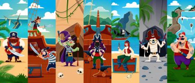 Çizgi film korsanı ve korsan karakterler kolajı, vektör Cadılar Bayramı tatili ve korsanlık. Komik kaptan, korsan gemisinin kaptanı ve kaptanı, cadı korsanı ve mumya engelleyicisi şapkalı ve silahlı karakterler.