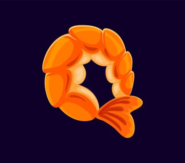 Fast food karides yemek karikatürü alfabe yazı tipi harfi Q. Seaaway deniz ürünleri çizgi roman alfabesi. Fast food iştah açıcı vektörü ABC yazı tipi sembolü veya sokak kafesi atıştırmalığı İngilizce yazı tipi ögesi