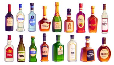 Çizgi film alkol şişeleri ve şarap ya da bar içecekleri, vektör ikonlar. Şampanya ve viski veya viski ve rom ve tekila ile brendi, apsent ve grappa alkollü votka şişeleri