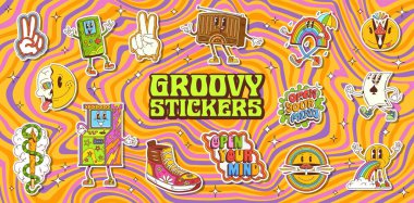 Retro hippi stiovy sticker 'ları 70' lerin estetik ve klasik atmosferine sahip, psikedelik desenler ve gökkuşağı, atari makinesi, eski okul radyosu ve barış işareti gibi eğlenceli çizgi film karakterleri içeren.