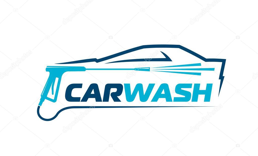 Car washing service icon featuring a blue pressure washer spraying water over a stylized car outline with an integrated bold carwash text, emphasizing cleanliness, professionalism and modern service