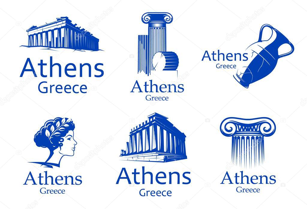 Athens and Greece icons of Greek landmarks and ancient architecture, vector symbols. Greece travel icons of pantheon building and temple columns, Greek Athena goddess and museum ancient pottery vase