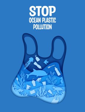 Kağıt, plastik poşet ve atıkları denize atar, kirli su. Okyanus plastik kirliliği ekolojik farkındalık posterini durdurun. İçinde deniz yaşamı ve çöp bulunan kullanılmış torba şeklinde 3D vektör çerçeve