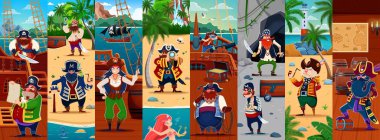 Komik korsan ve korsan karakterler gemi ve hazine adası vektör geçmişinde kolaj yaparlar. Şirin korsan kaptanlar ve denizciler, kız korsan ve silahlı denizkızı karakterleri, kılıçlar ve harita.