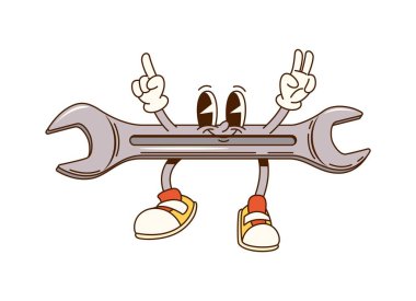 Çizgi film karakteri ya da komik DIY yapım ve onarım aracı, vektör kişiliği. Keyifli bir anahtar ya da İngiliz anahtarı karakteri. Üretim ya da onarım için komik suratlı mutlu bir gülümseme.