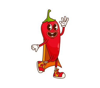 Süper kırmızı biberli süper kahraman karakteri ya da süper güçlü pelerinli sebze, çizgi film vektörü. Komik kırmızı biberli kırmızı biber Kurtarma Görevlisi pelerinli süper kahraman ve çizgi film karakteri olarak gülen surat