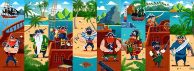 Çizgi film korsanı ve korsan karakter kolajı. Tropik ada manzaralarıyla çevrili kılıçları, kancaları ve gemileri olan maceraperest milletvekilleri açık deniz maceralarının ruhunu yakalıyorlar.