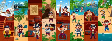 Karayip macerası için karikatür çocuk korsanları ve korsan karakterler kolajı, vektör geçmişi. Kaptan Tricorne şapkalı çocuk korsanlar, kaptan bandana ve hazine sandıklı sandıklı kayıkçı tüfekleri.