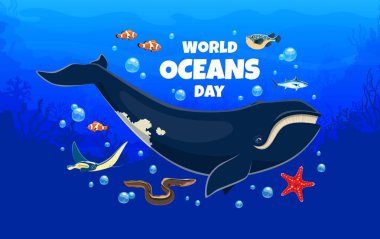 Balina ve mercan resifi balıklarıyla dolu dünya okyanusları gündüz afişi, vektör posteri. Deniz hayvanları ve sualtı çevresi için Dünya Okyanus Günü veya kaplumbağalar ve deniz yıldızlarıyla doğa koruma