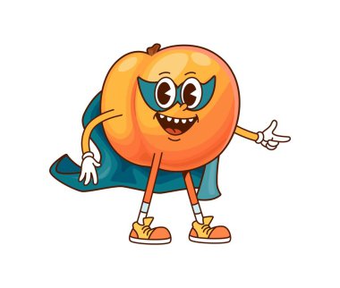 Süper kayısı süper kahraman, komik suratlı meyve çizgi film karakteri, vektör süper kahraman. Süper kayısı süper kahraman ya da gizli ajan ve çizgi film karakteri için komik gülüşlü kurtarıcı.