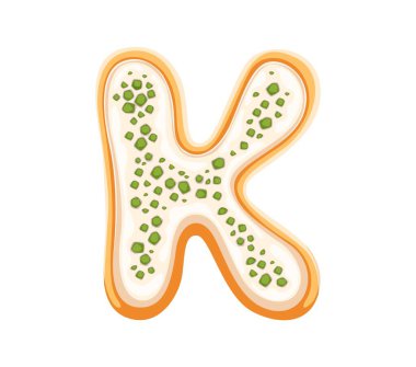 Pastane tatlı yazı tipi, kurabiye şeklinde K harfi tatlı işareti, tatlı vektör çocuk ABC harfi. Fırın yazı tipi sembolü veya hamur işi ve şekerleme İngiliz alfabesi yazı tipi ögesi