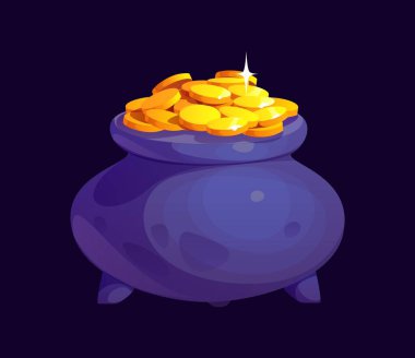 İrlanda bayramı için Aziz Patrick günü çizgi film tenceresi dolusu Leprikon altın sikkeleri vektör şansı sembolü. Aziz Patrick festivali ve İrlanda ulusal bayram kutlamaları altın sikkeli kazan kazanının sembolü