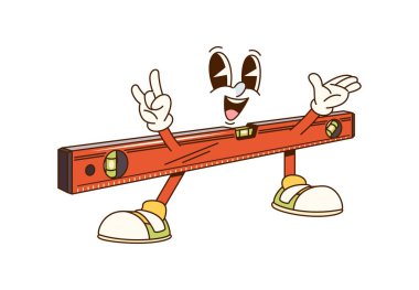 Onarım, inşaat ve DIY emojisi için çizgi film karakteri, vektör kişiliği. Havalı seviye ölçme aracı. Komik yüzle gülen ve marangozluk karakteri için havalı bir jest.