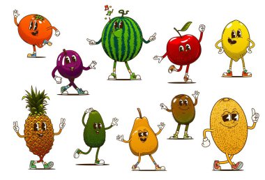 Çizgi film modası geçmiş, etkileyici yüzleri olan, dans eden ve eğlenen meyve karakterleri. Vektör funky olgun mandarin, erik, karpuz ve elma, limon, ananas, avokado ve armut, kivi veya kavun