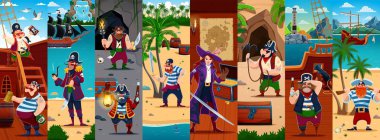 Çizgi film korsanı ve korsan karakterler vektör kolajı. Korsan gemisi, hazine adası sahili ve mağara manzarası komik korsan kaptanı, denizci, kaptan ve kız korsan karakterli.