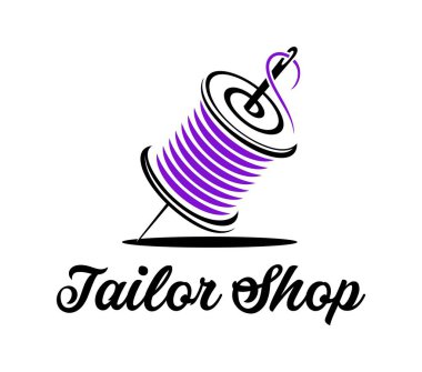 Dikiş atölyesi, dikiş atölyesi, vektör amblemi için ipliğinde iğne olan terzi dükkânı ikonu. Terzi dükkânı tabelası, iğne ve mor iplik, terzi ve atölye için sanat eseri.