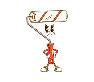 Yapım, onarım ve DIY aracı, vektör emoji için harika bir çizgi film karakteri. Neşeli bir gülüşü olan harika bir boya silindiri. Çizgi film karakteri, boyama ve yenileme aracı.