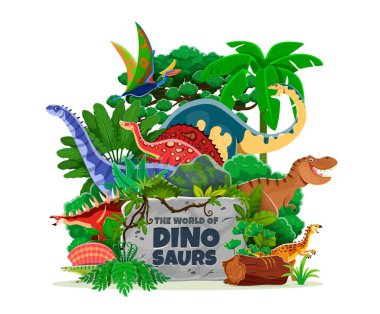 Tarih öncesi Jurasik dinozorlar park vektör posteri. Çizgi film komik tyrannosaurus rex, edaphosaurus, melanorosaurus ve kentrosaurus, hipselosaurus ve scutellosaurus dino animals, Dinozor Dünyası Parkı