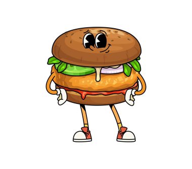 Komik suratlı, çizgi film vektörü komik kişilikli harika bir fast food burger karakteri. Hamburger ya da çizburger sandviçi. Mutlu bir gülümseme ve fast food çizgi film karakteri emojisi için nefis bir duygu.