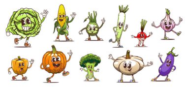 Çizgi film, etkileyici yüzlü sebze karakterleri. Lahana, mısır, pırasa, turp, soğan, biber, balkabağı, brokoli, sarımsak ve patlıcan, sağlıklı beslenmeyi teşvik eden neşeli insanlar.
