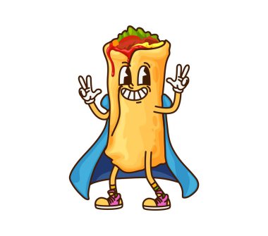 Cadılar Bayramı karakteri için Meksika usulü komik burrito, vektör Tex Mex yemeği. Muhteşem burrito sihirbazı ya da büyücü mantosunun içindeki neşeli yüzlü büyücü ve Cadılar Bayramı karakteri için komik bir gülümseme.