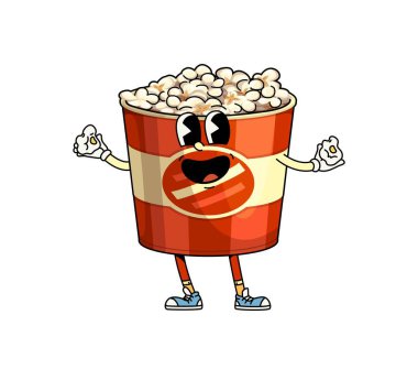 Harika bir fast food patlamış mısır kovası karakteri. Çizgi film patlamış mısır kutusu. Neşeli gülüşü ve mutlu gözleri olan, nostaljik film gecesi ve eğlenceye hazır, izole vektör neşeli kişi.