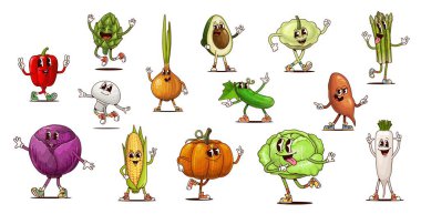 Harika sebze karakterleri, çizgi film hippi tatlı patates, biber, havuç ve soğan. Avokado, mantar, mısır ve lahana, kuşkonmaz ve balkabağı sebzelerinden oluşan harika vektör kişilikleri.