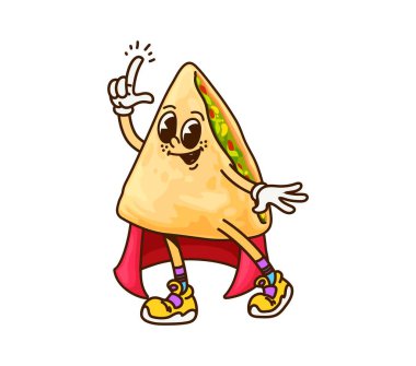 Çizgi film, Cadılar Bayramı Meksika quesadilla karakter büyücüsü, vektör Tex Meksika yemeği. Neşeli yüzlü ve komik gülüşlü harika Quesadilla Cadılar Bayramı çizgi film karakteri için büyücü büyücü ya da büyücü mantosu