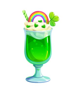 Aziz Patrick Günü bayramı şenlikli yeşil kokteyl ya da uzun bardakta milkshake, üzeri krema, gökkuşağı, yonca ve çizgili kamışla kaplı. Çizgi film vektörü kutlama içeceği İrlandalı ruhunu temsil eder