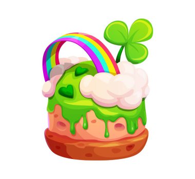 Aziz Patrick Günü pastası, yeşil damlayan şekerleme, kabarık beyaz bulutlar, şanslı yonca ve renkli gökkuşağı ile süslenmiş. Karikatür vektörü şenlikli kek tatlısı, şans ve kutlamanın sembolü.