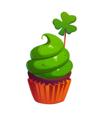 Aziz Patrick günü tatlı keki, bayram pastası, şeker ve yeşil kremalı bayram yemeği tatlısı, yonca süsü. Çizgi film vektörü çikolatalı kek ikramı İrlanda geleneğini, şansını ve kutlamasını temsil ediyor.