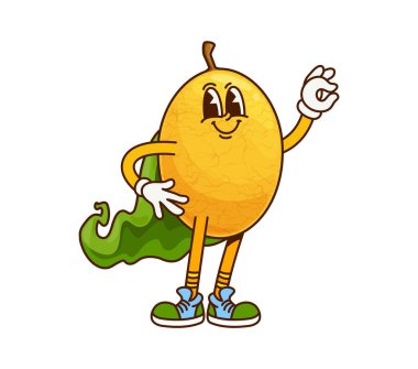 Çizgi film efsanevi Cadılar Bayramı sihirbazı limon meyvesi karakteri yeşil sihirbaz pelerini ve neşeli bir ifadeyle spor ayakkabıları ve iyi bir el hareketi ile neşeli hippi titreşimleri yayar ve y2k hayal gücü yayar.