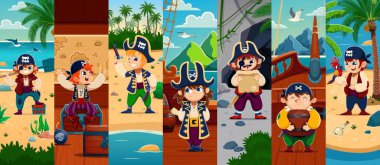 Çizgi film çocuk korsanları ya da korsan karakterler kolajı. Genç gezginlerin hazine kazdığı, harita okuduğu ve papağanlar, gemiler ve sandıkların eşlik ettiği tropikal adaları keşfettiği maceraperest sahneler.