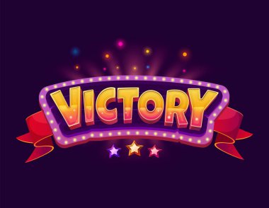 Yıldızlı zafer rozeti ve kazanan ödül için kurdele pankartı, çizgi film vektörü. Kumarhane pokeri veya kumar makinesi için oyun zafer rozeti, seviye tamamlandı ve ampul çerçevesinde ödül rozeti kazandı