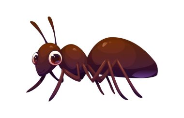 Çizgi film komik karınca karınca böcek karakteri büyük, anlamlı gözleri, parlak kahverengi vücudu ve neşeli tavırları var. Çocuk kitabı veya oyunu için izole edilmiş vektör şakacı ve arkadaş canlısı hata veya zararlı kişilik
