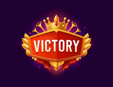 Heraldik oyun zafer ikonu ya da kanatları ve fanfarları olan rozet, vektör GUI pankartı. Kumarhane, kumar ya da seviye için altın kaplama ve parlak ödüllü galibiyet rozeti