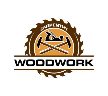 Marangozluk atölyesi ve marangozluk hizmeti ikonu. Kereste inşaat donanımı veya alet dükkanı simgesi veya marka vektör sembolü. Çapraz çekiçli ahşap işçiliği veya mobilya onarım servisi tabelası ve ortak uçak