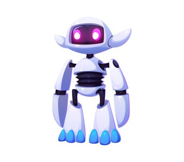 Çizgi film fütüristik robotu ve parlak beyaz vücutlu ve pembe gözlü droid maskot karakteri. Vector ai humanoid mekanik eklemler, eğri zırhlar ve dostane ama gelişmiş bir görünüme sahiptir.