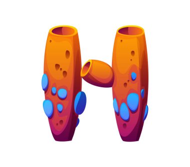 Karikatür sualtı yazı tipi mercan harfleri H. Su canlıları Latince yazı tipi element, sualtı yaratığı izole edilmiş vektör ABC yazı tipi sembolü veya deniz hayvanı İngiliz alfabesi harfi.