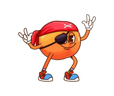 Çizgi film, turuncu meyve korsanı ve kırmızı bandanalı korsan, göz bandı ve şık hippi spor ayakkabıları, iki eliyle oyuncu ve eğlenceli poz, y2k titreşimi yayıyor.