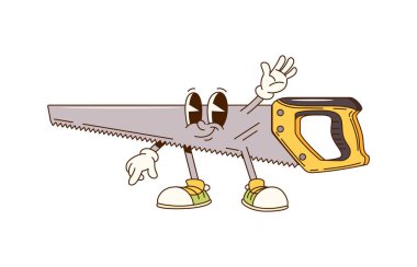 Çizgi film karakteri ya da DIY inşaatı için çalışma aracı, vektör kişiliği. Neşeli gülüşlü, komik yüzlü, havalı bir el testeresi. Marangozluk ya da tamir aleti karakteri için merhaba jesti.