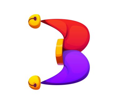 Üç numaralı çizgi film karakteri, şakacı soytarı şapkası, kırmızı mor kıvrımlı ve şıngırdayan çanları olan. Vektör numarası 3 retro karnaval yazı tipi, eğlence tipi, çocuk alfabesi. Vektör haneli karakter