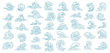 Okyanus, Asya, Japon ve Çin dalga ikonları. Mavi su sıçramaları ve girdaplardan oluşan klasik oryantal desenli vektör çizgisi grafik dalgaları. Asya plaj sörfü, okyanus tsunamisi veya fırtına simgeleri.