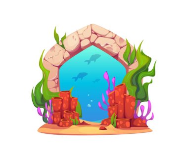 Su altı geçidi ya da taştan okyanus dünyasına sihirli kapı, çizgi film vektörü. Sihirli su portalı kayalık mağara taşından kemer ve sualtı oyun elementleri için balık ve mercan resifi yosunları.