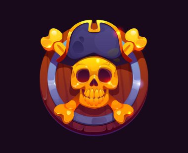 Çapraz kemikli Heraldik korsan Kaptan Altın Kafatası. Çizgi film vektör denizcilik amblemi ile altın Jolly Roger ve çapraz kemikli donanma tricorn şapkası takmak macerayı ve açık deniz korsanlığını temsil ediyor.
