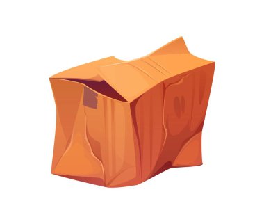 Hasarlı ve kırık karton kutu karikatürü. Hasarlı nakliye kutusu, izole edilmiş kirli taşıyıcı kağıt konteynır. Yırtılmış ıslak paket karikatürü ya da buruşmuş kargo paketi