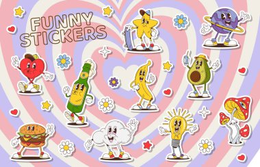 Çizgi film karakterlerinin çıkartmaları. Vektör retro y2k kalp, yıldız ve gezegen, muz, bira şişesi, burger ve mantar. Bulut, ampul ve komik ifadeli avokado.